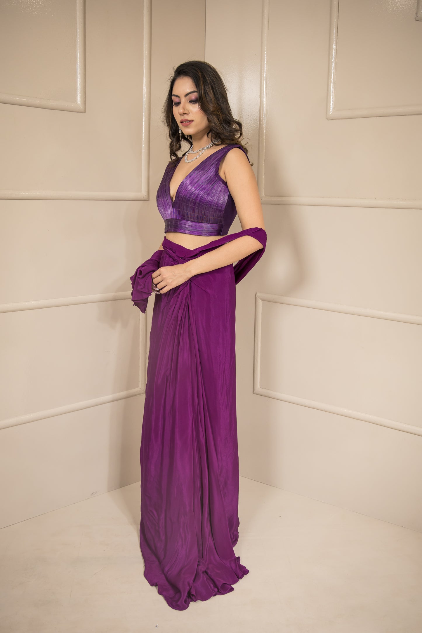 Sufi Wine Wired Blouse Saree